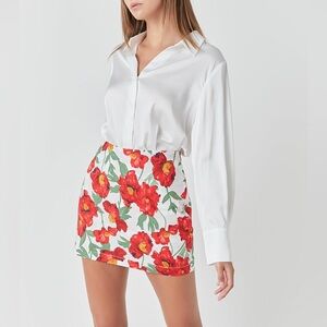 Endless Rose White Floral Mini Skort with Red & Green Print